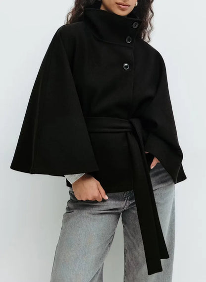 Women Trench cape Coat | Stand Collar Windbreaker | Cape Long Sleeve | Batwing Sleeves | Autumn Black