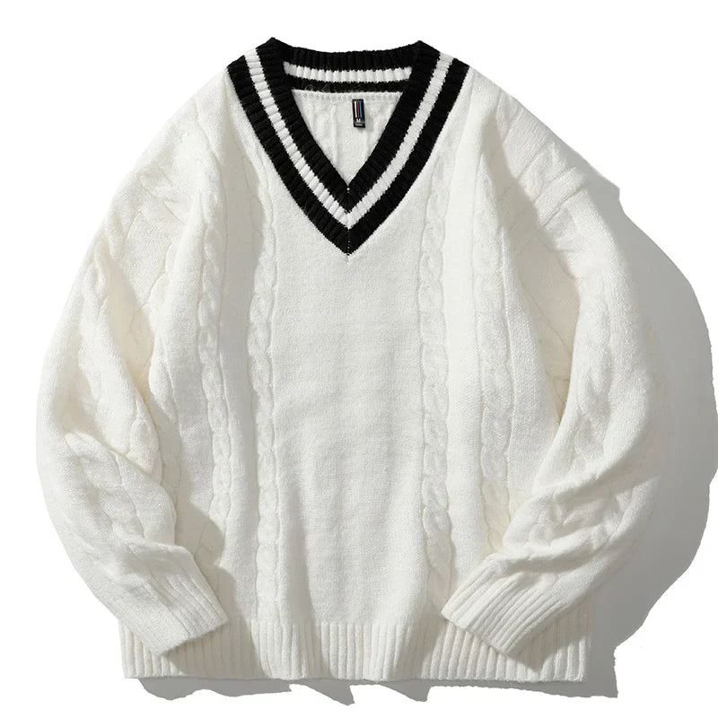 Men Knitted Ribbed Sweater | V-Neck Splicing Knit Pullover White