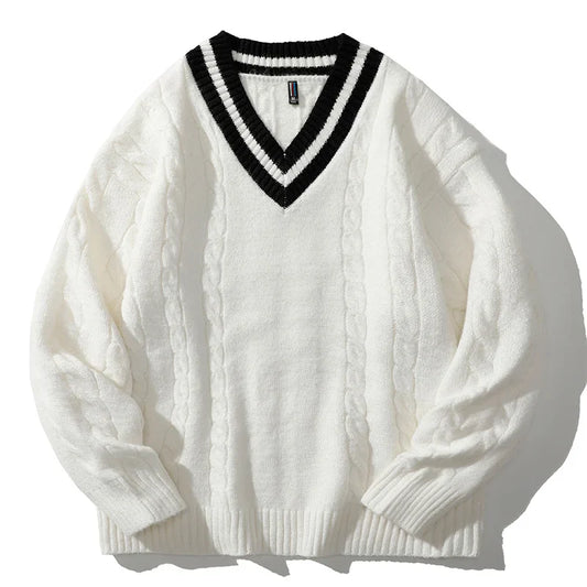 Men Knitted Ribbed Sweater | V-Neck Splicing Knit Pullover White