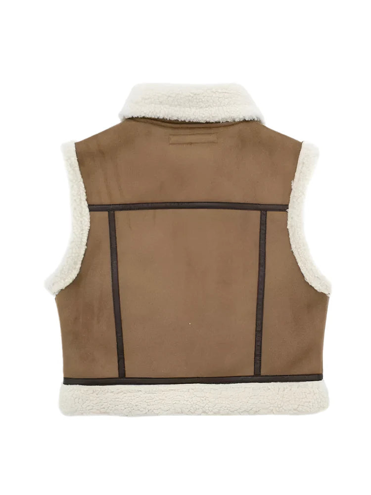 Women Short Thick Leather Zip Waistcoat | Lambswool Patchwork Sleeveless Casual Vest