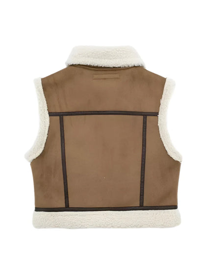 Women Short Thick Leather Zip Waistcoat | Lambswool Patchwork Sleeveless Casual Vest