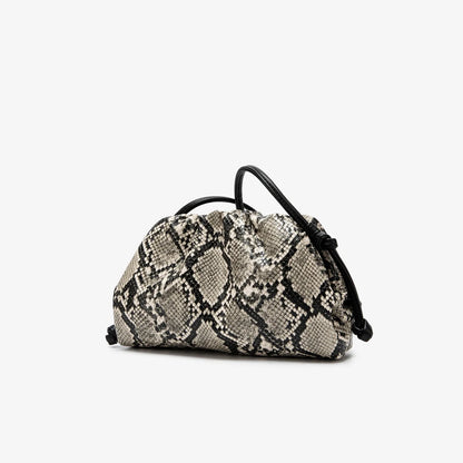 Women Leather Ruched Serpentine Dumpling Bag | Pouch Handbag | Cloud Clutch | Snake Pattern Shoulder Bag | Crossbody Bag
