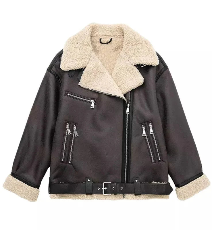 Women Dark Brown Shearling Leather Jacket | Classic Fur Leather Jacket | Long Sleeve Moto Biker Zipper Dark Brown