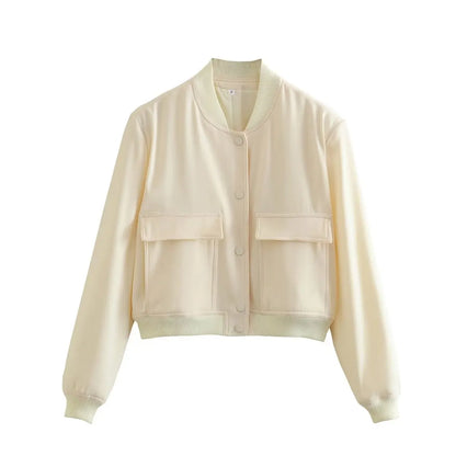 Women Solid Bomber Jacket Beige