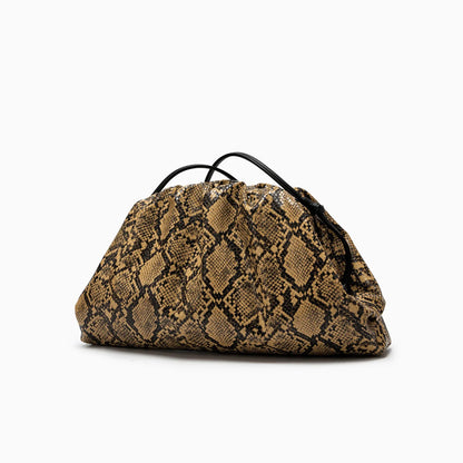 Women Leather Ruched Serpentine Dumpling Bag | Pouch Handbag | Cloud Clutch | Snake Pattern Shoulder Bag | Crossbody Bag