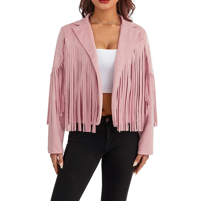 Women Cropped Spring Fringe Jacket | Tassel Jacket Pink