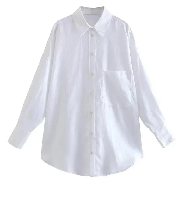Women Vintage Oversized Linen Button Up Shirt | Chic Long Sleeves Blouse Top White