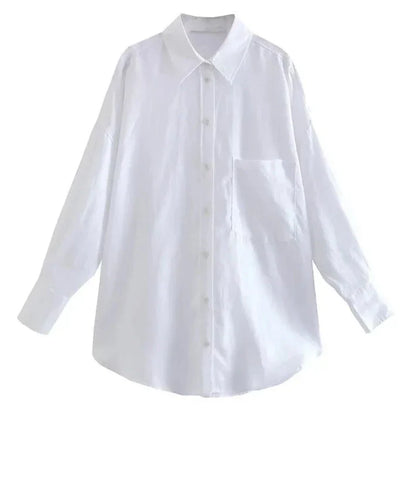 Women Vintage Oversized Linen Button Up Shirt | Chic Long Sleeves Blouse Top White