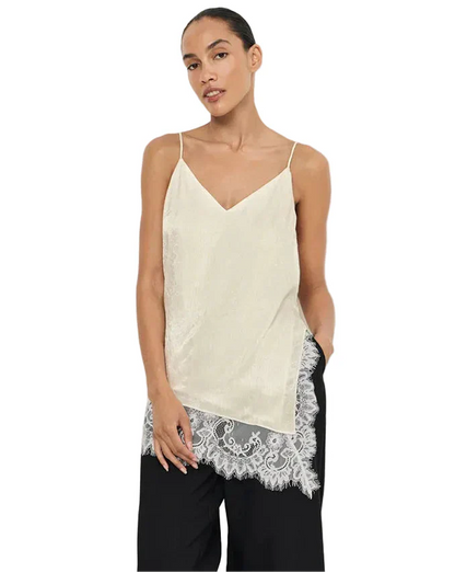 Women Elegant Satin Spaghetti Strap Camisole | Lace Split Vest | Casual Silk Top | Summer Apricot