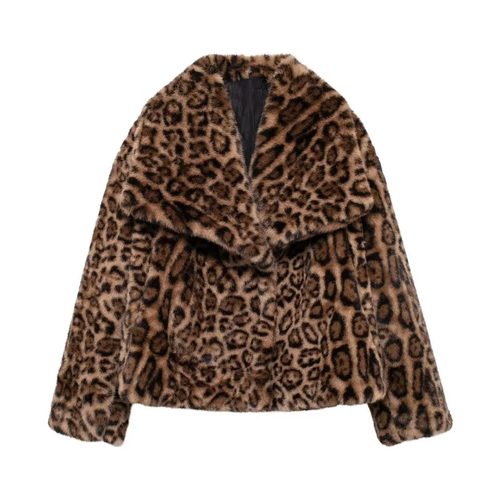 Women Winter Animal Print | Warm Fur Coat | Long Sleeve Lapel Coat | Leopard Print Coat Chocolate