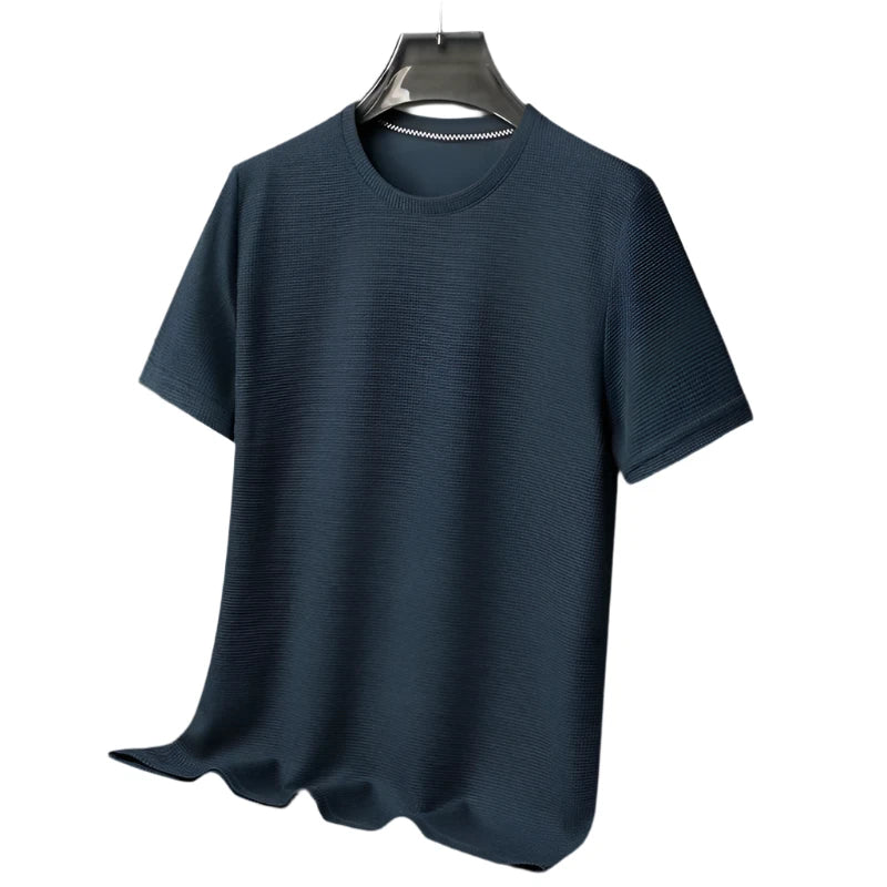 Men Waffle Round Neck Short Sleeve T-shirt | Summer Top Navy Blue