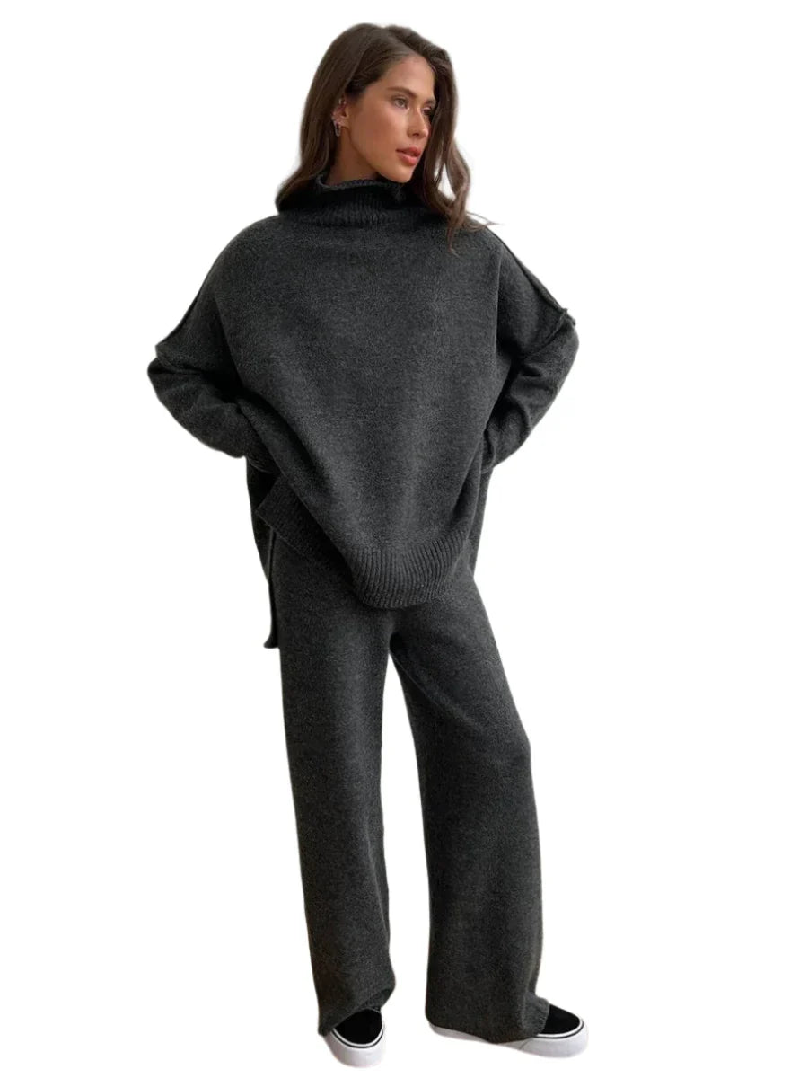 Women Knitted Turtleneck Sweater and High Waisted Trousers Set | Winter Casual Knitwear Dark Gray