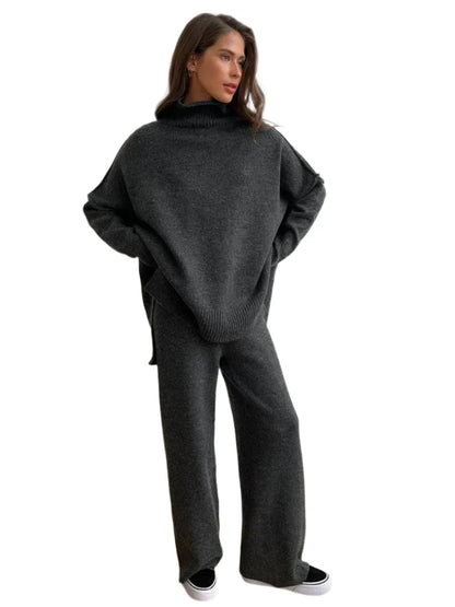 Women Knitted Turtleneck Sweater and High Waisted Trousers Set | Winter Casual Knitwear Dark Gray