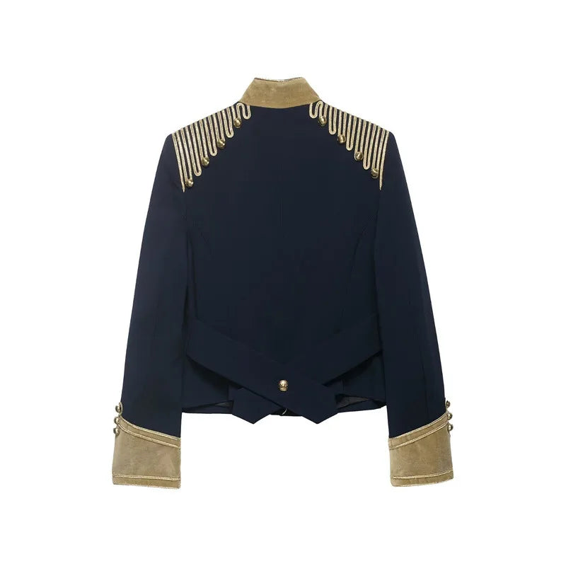 Women Cropped Jacket | Rope Knot Buttons | Stand Collar | Long Sleeve | Spring Jacket | Napoleon Jacket
