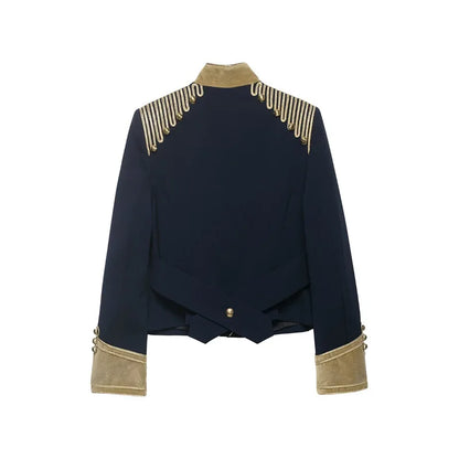 Women Cropped Jacket | Rope Knot Buttons | Stand Collar | Long Sleeve | Spring Jacket | Napoleon Jacket