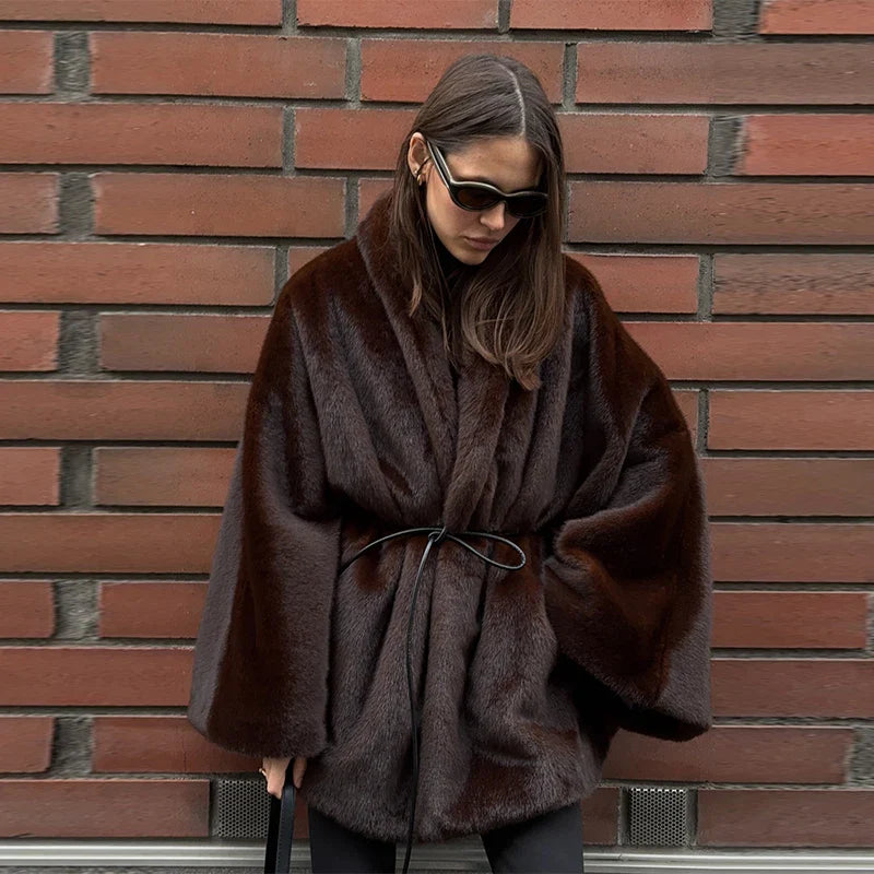 Women Vintage Fur Coat | Wrap Coat Chocolate Brown