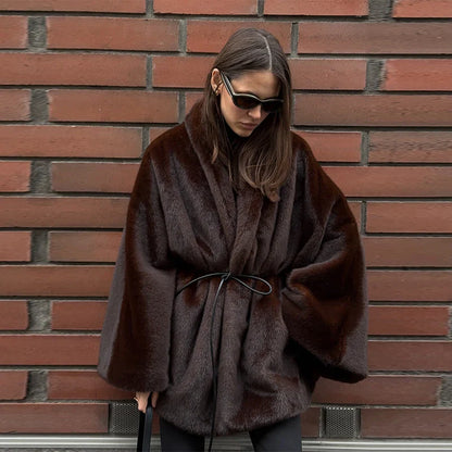 Women Vintage Fur Coat | Wrap Coat Chocolate Brown