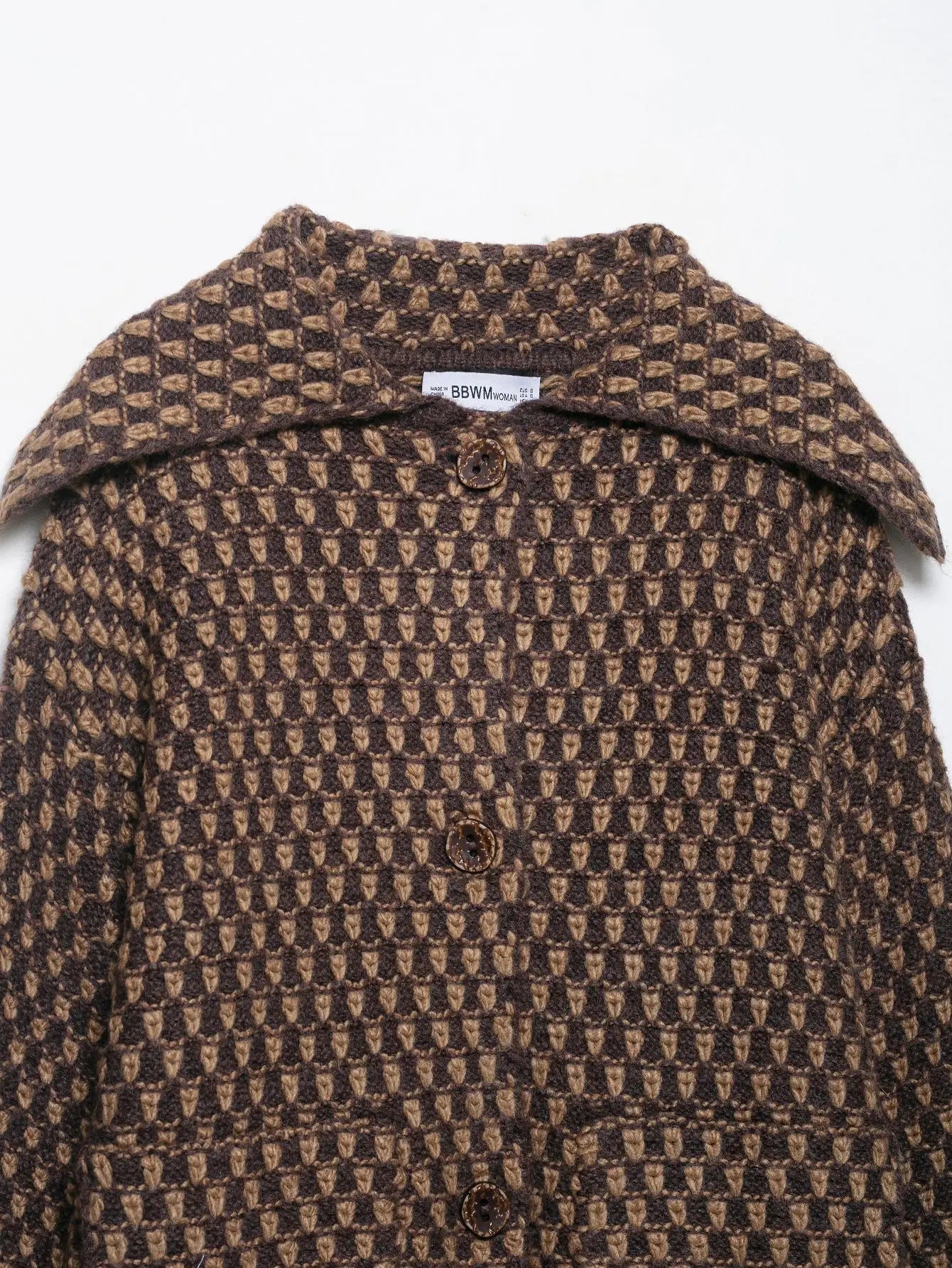 Women Oversized Knitted Jacket | Large Collar | Street Style | Geometric Pattern