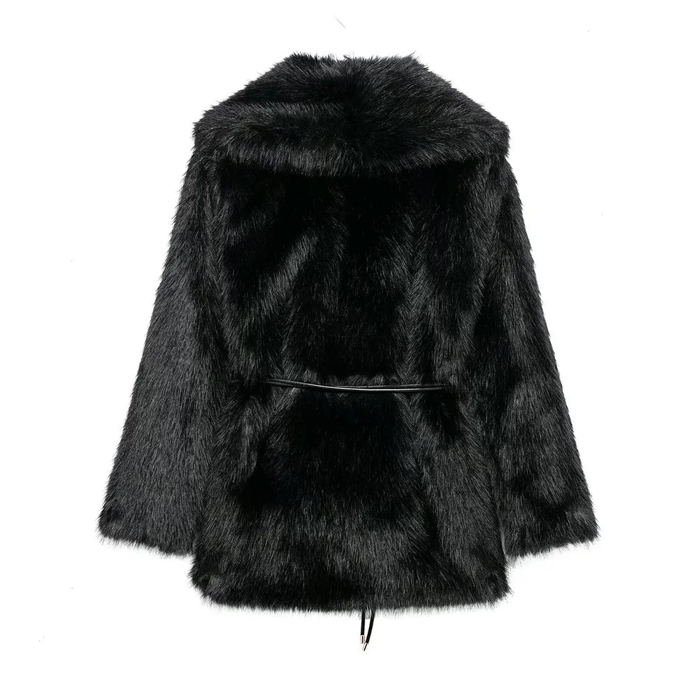 Women Fur Coat with Belt | Medium Long Coat | Long Sleeve | Loose Coat