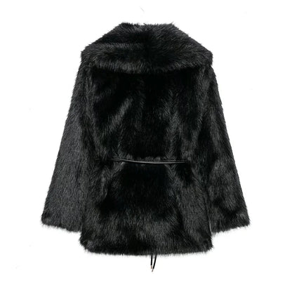 Women Fur Coat with Belt | Medium Long Coat | Long Sleeve | Loose Coat