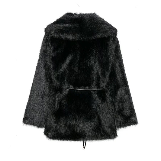 Women Fur Coat with Belt | Medium Long Coat | Long Sleeve | Loose Coat
