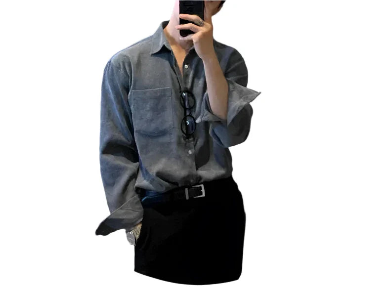 Men Suede Button Down Shirt | Long Sleeves Button Down | Corduroy Casual Loose Shirt gray