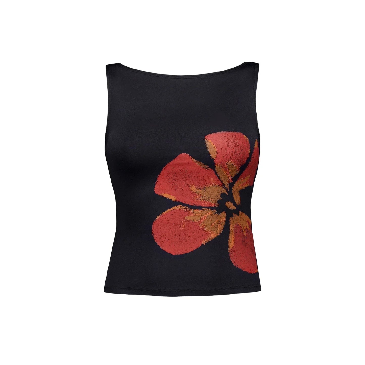 Women Vintage Crop Tank Top | Slim Fitted | Flower Print Boat Neck Sleeveless Top Black 1
