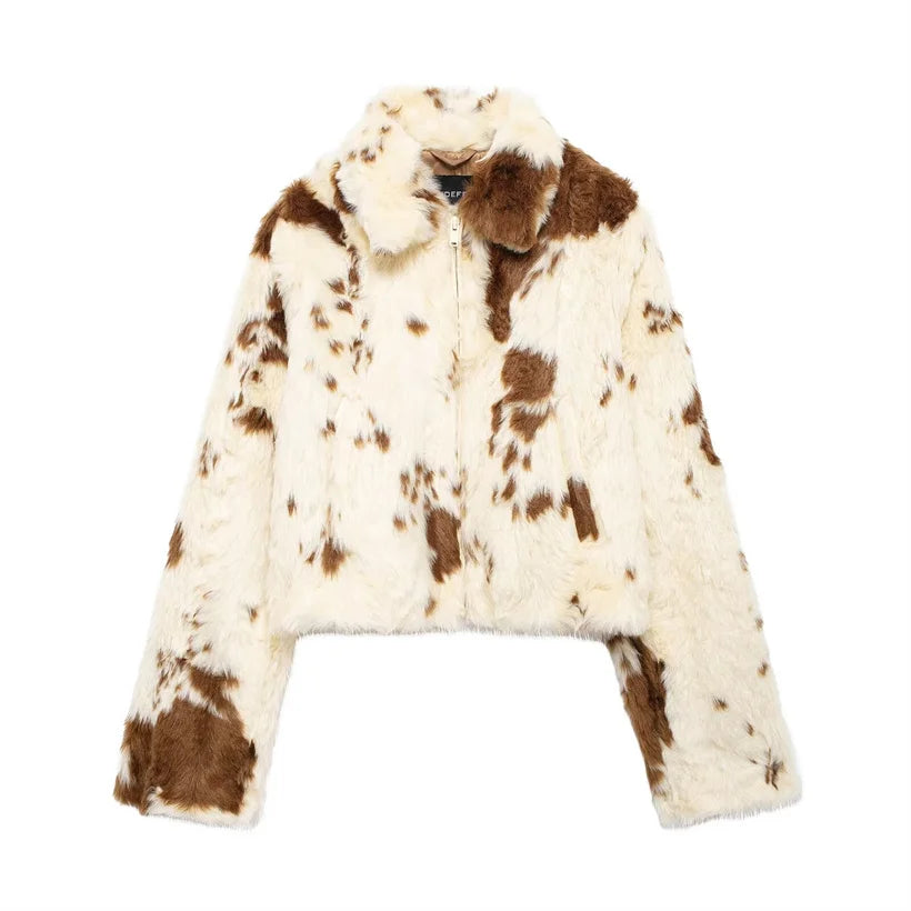 Women Thick Warm Animal Print Short Fur Jacket White