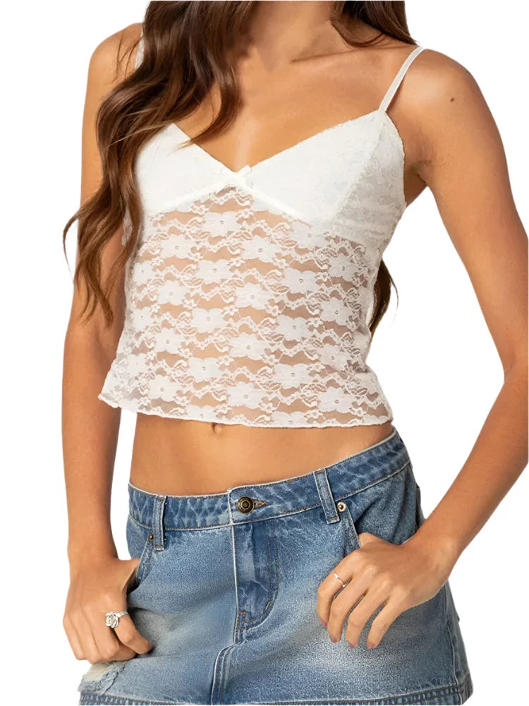 Women Lace Mesh See-Through Tank Top | Sleeveless Strap Slim Fit Camisole Top White