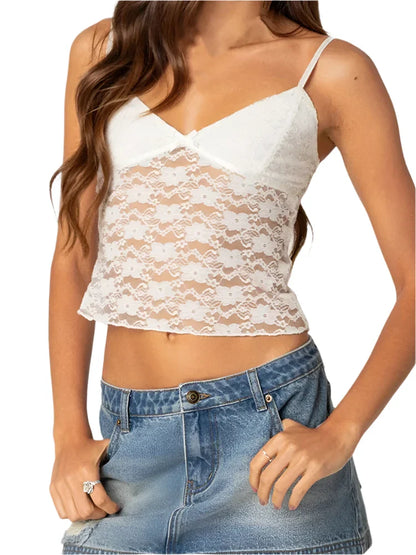 Women Lace Mesh See-Through Tank Top | Sleeveless Strap Slim Fit Camisole Top White