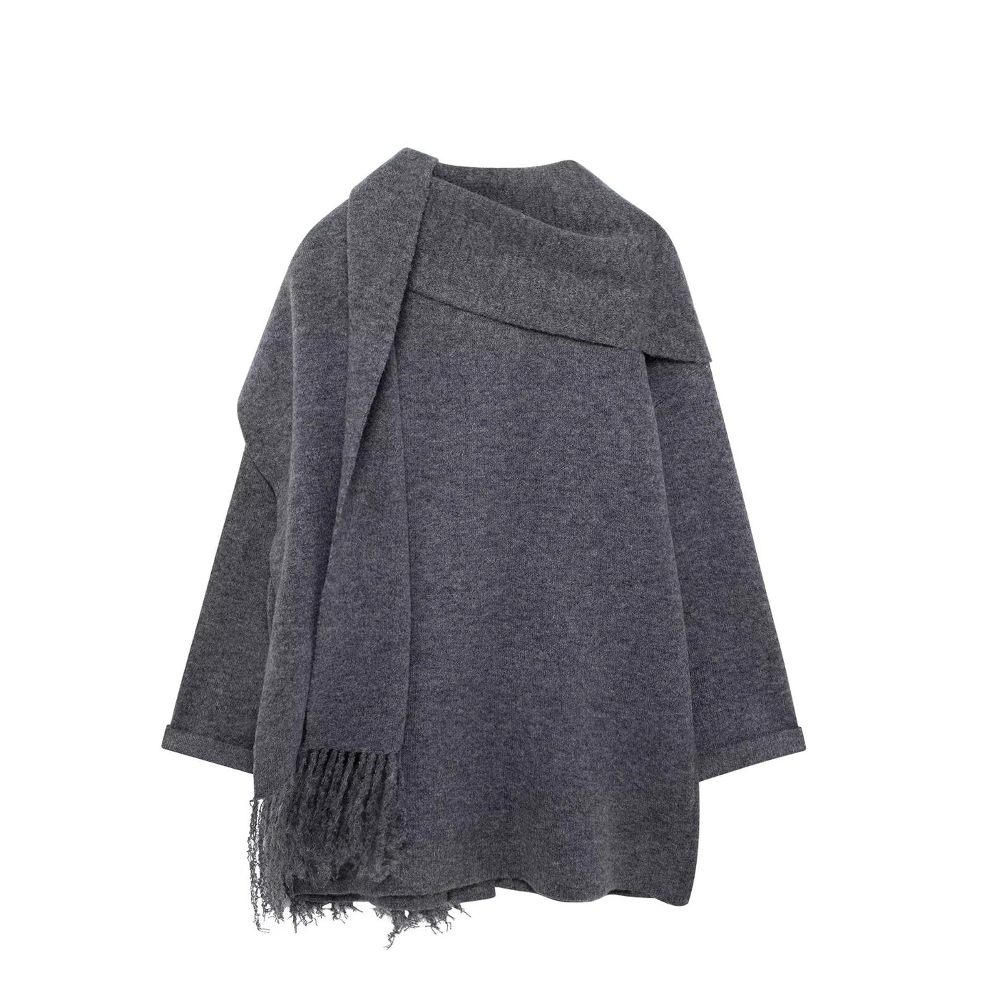 Women Winter Loose Knitted Coat with Scarf | Straight Cut | Long Sleeves | Warm Cardigan