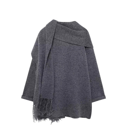Women Winter Loose Knitted Coat with Scarf | Straight Cut | Long Sleeves | Warm Cardigan