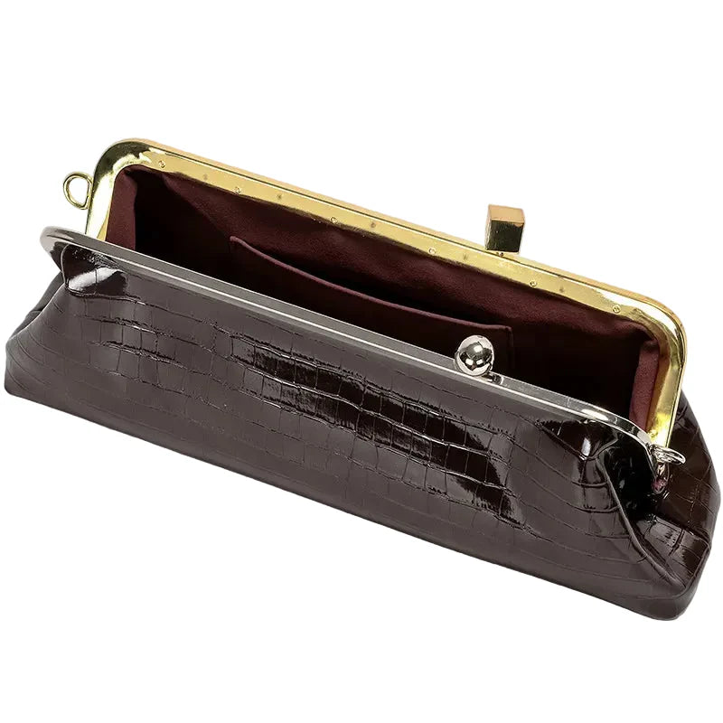 Women Leather Kiss Lock Bag | Long Clutch Bag | Luxury Shoulder Bag | Elegant Party Purse | Underarm Bag