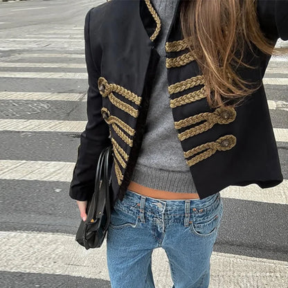 Women Napoleon Jacket | Elegant Office Short Coat | Stand Collar | Spring Jacket | Military Jacket Black