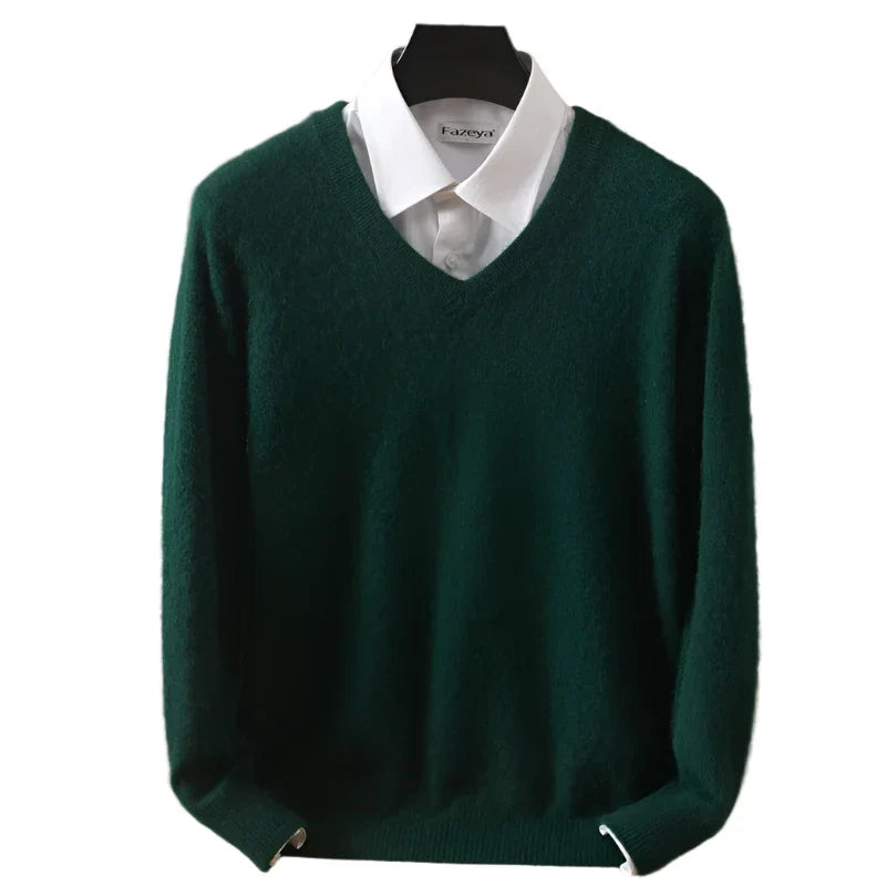 Men Cashmere V-Neck Pullover | Cashmere Knitted Sweater | Mink Winter Long Sleeve Top Dark Green