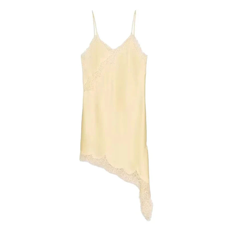 Women Satin Short Sling Dress | Sleeveless | Backless | Asymmetric Party Dress | Summer yellow