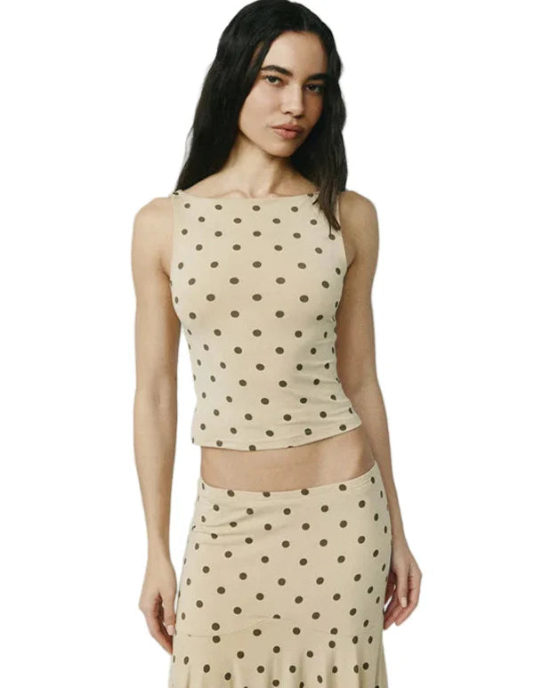 Women Polka Dot Long Skirt | Sleeveless Vest Top | Pleated Skirt Set | Office Dress Set Coffee