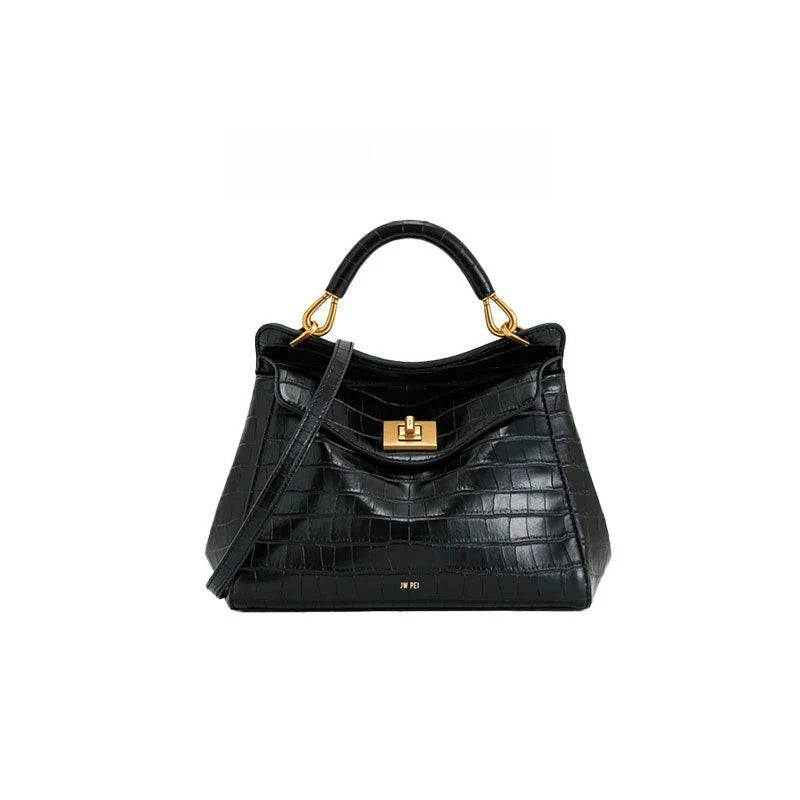 Women Leather Pillow Bag | Lock Clasp Handbag | Small Handbag | Shoulder Bag | Crossbody Bag Crocodile black