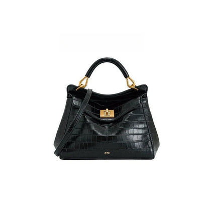 Women Leather Pillow Bag | Lock Clasp Handbag | Small Handbag | Shoulder Bag | Crossbody Bag Crocodile black