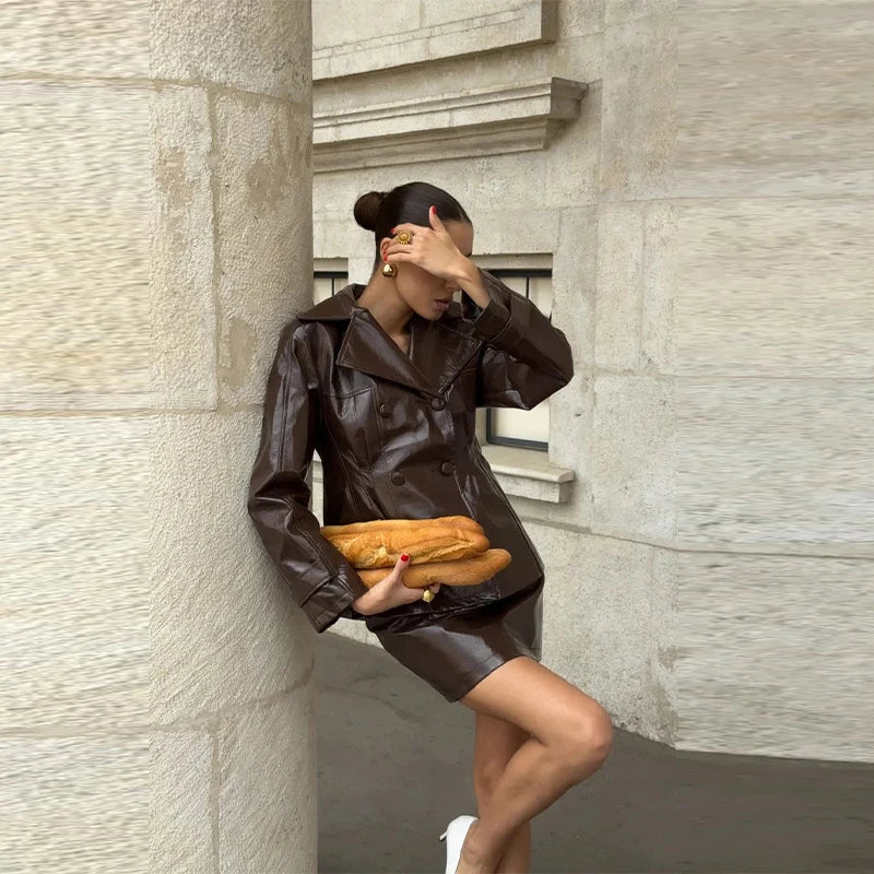 Women Vintage Leather Jacket | Skirt | Set | Vintage Short Leather Skirt