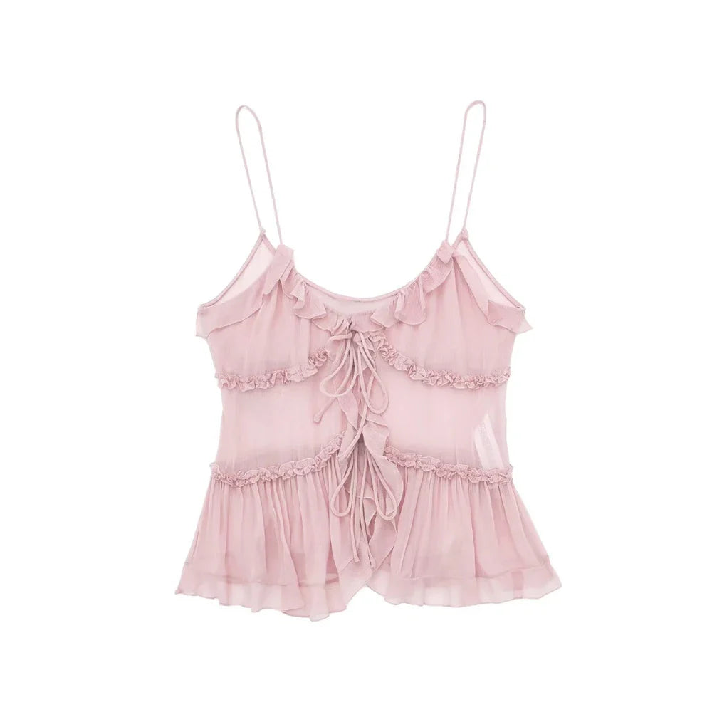 Women Ruffled Front Tank Top | Semi-Sheer Backless Thin Straps Camisole Top Pink