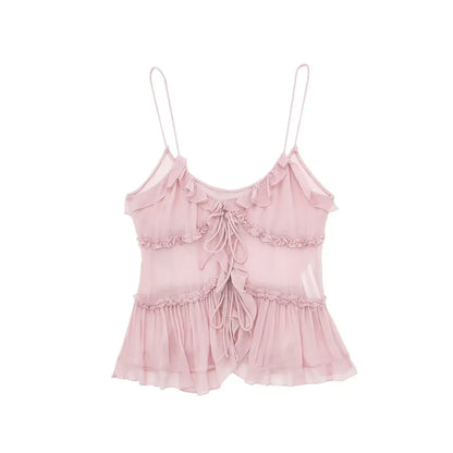Women Ruffled Front Tank Top | Semi-Sheer Backless Thin Straps Camisole Top Pink
