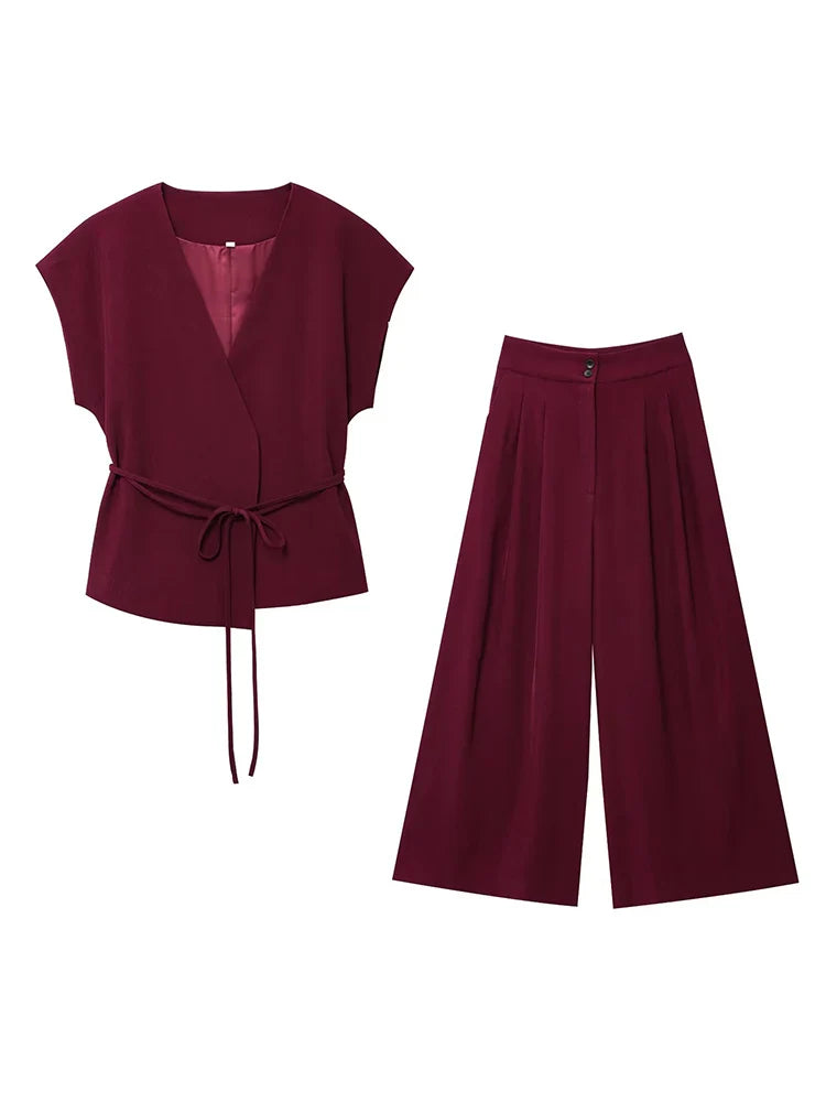 Women Sleeveless V-Neck Top With Belt Straight Pants Set | Top Trouser Suit | 2 Piece Set