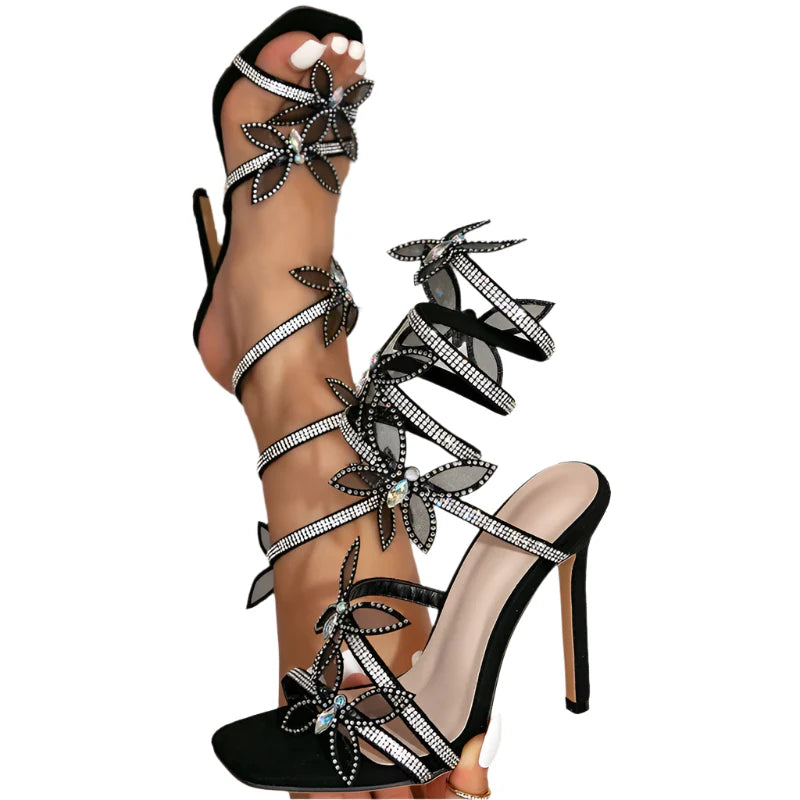 Women Crystal Butterfly-Knot Ankle Strap Sandals | Stiletto High Heels | Party Heels Black