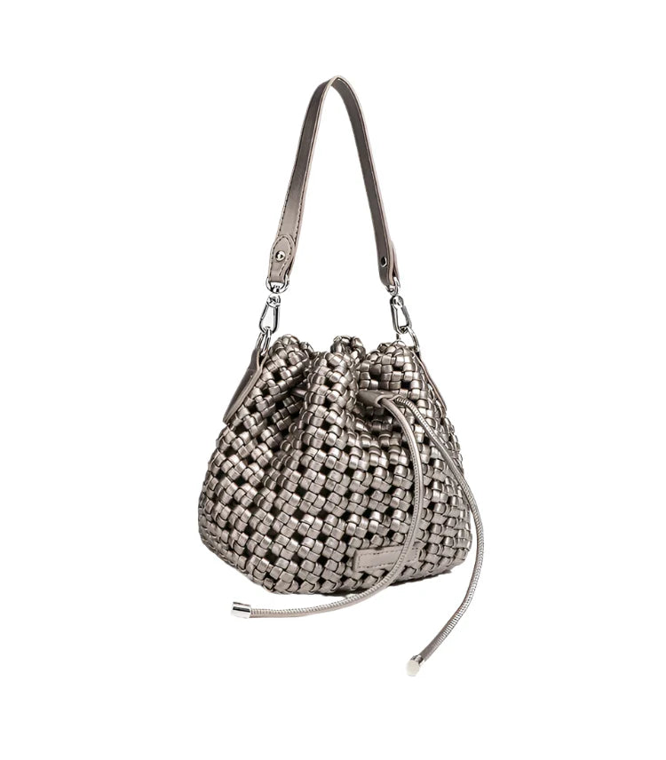 Women Leather Hollow Cut Woven Crossbody Bag Silver