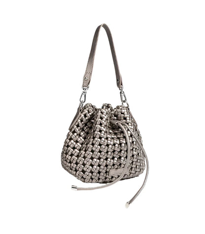 Women Leather Hollow Cut Woven Crossbody Bag Silver