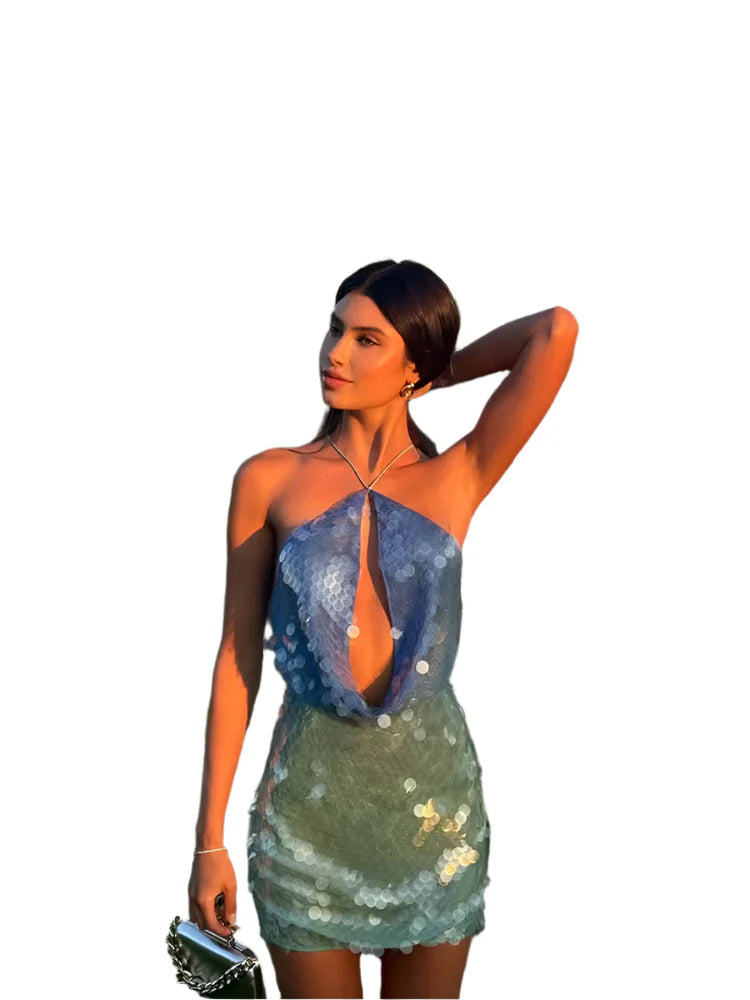 Women Sequin Halter Hollow Out Dress | Backless | Sleeveless | Mini Dress Blue Green