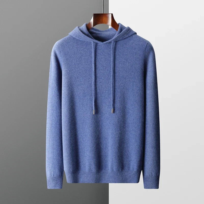Men Merino Wool Hoodie | Casual Knitted Pullover Sweater | Hooded Collar