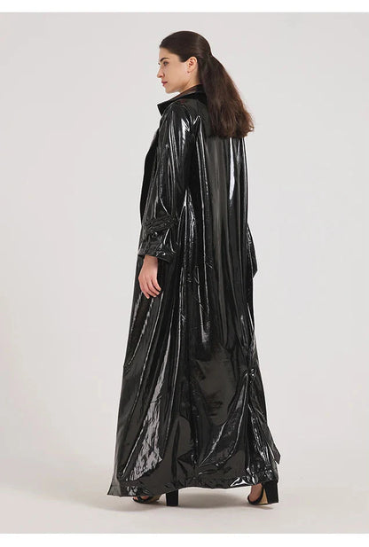 Women Black Shiny Leather Trench Coat | Luxury Designer | Floor Length | Glossy Leather Coat | Reflective | Soft Patent