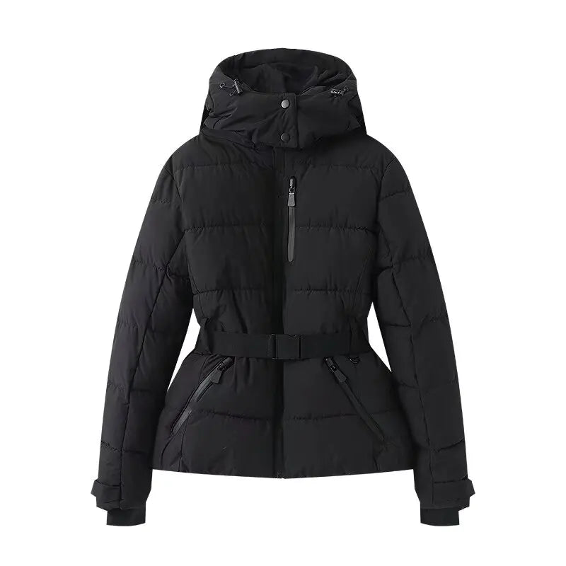 Women Winter Windproof Skiing Jacket | Padded Sport Parkas Jacket | Belt | Hooded | Thick | Warm | Pockets